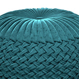 Hearth and Haven Aurorique Velvet Round Pouf with Button Tufted Pleated Top and Woven Detailed Sides B136P159291 Blue