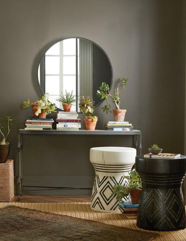 Hooker Furniture Commerce Travertine Console Table With Tribal Screen-Printed Top And Forged Metal Base For Entryways Black 7228-85022-00