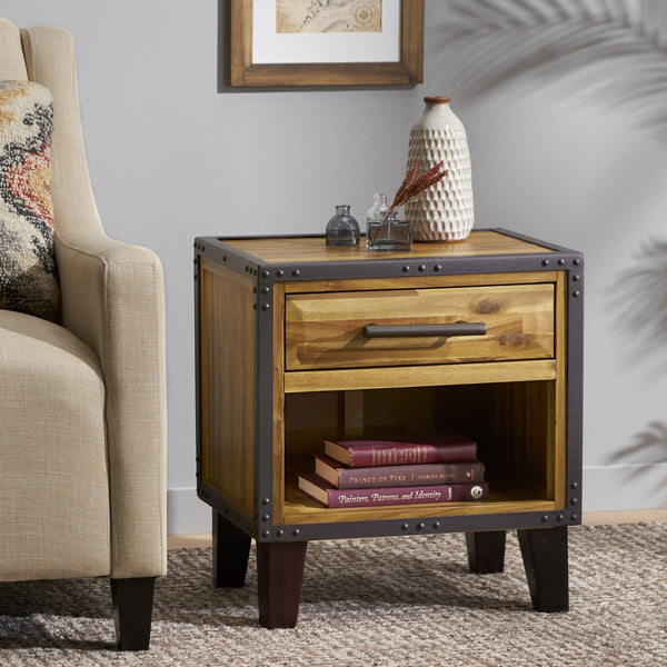 English Elm Christopher Knight Home® - BRIGHTON Acacia Wood Nightstand with Drawer & Open Shelf, Industrial Iron Frame, Natural Finish - Compact 20"x15" Accent Table for Bedroom Storage and Style 54716.00