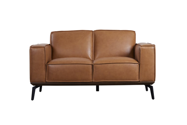 Porter Designs Porter Carina Luxe Top Grain Leather Loveseat In Rich Caramel With Espresso Wood Trim & Metal Legs Brown Leather 02-204-02-2780