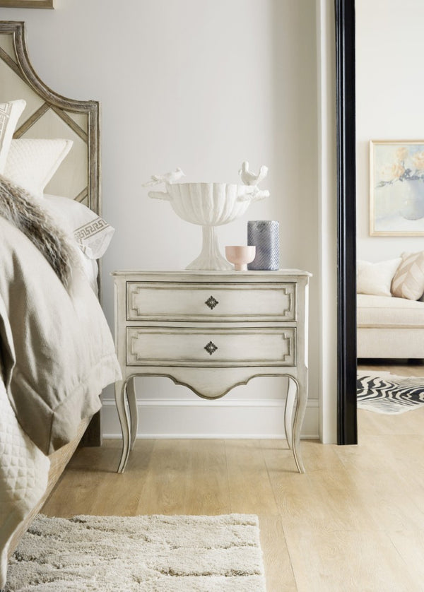 Hooker Furniture Sanctuary Coco En Blanc Nightstand With Cedar-Lined Drawer, Antique Silver Pulls & Integrated Power 5865-90116-02