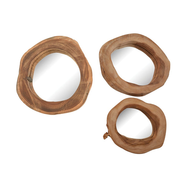 Atlas Teak Wood Wall Mirror Set of 3 - Artisan Round Frames with Unique Grain for Rustic Modern Decor MI11080-01S