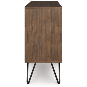 English Elm Chase Rustic Natural Aged Brown Low Bookcase – Solid Acacia Wood, 2 Open Compartments & 2 Drawers B136P160672