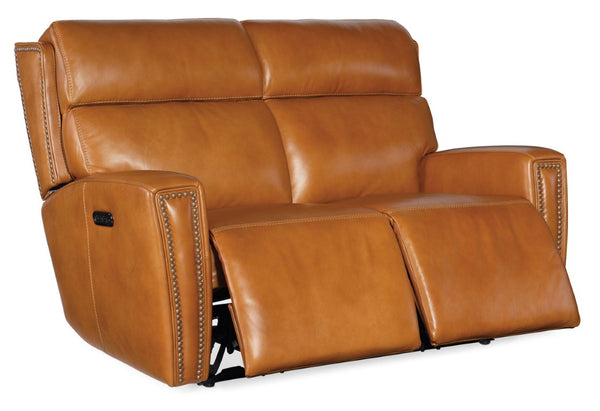Hooker Furniture Ruthe Transitional Zero Gravity Power Recline Loveseat In Semi-Aniline Leather With Usb Port And Brass Nailhead Trim Light Brown SS704-PHZ2-019