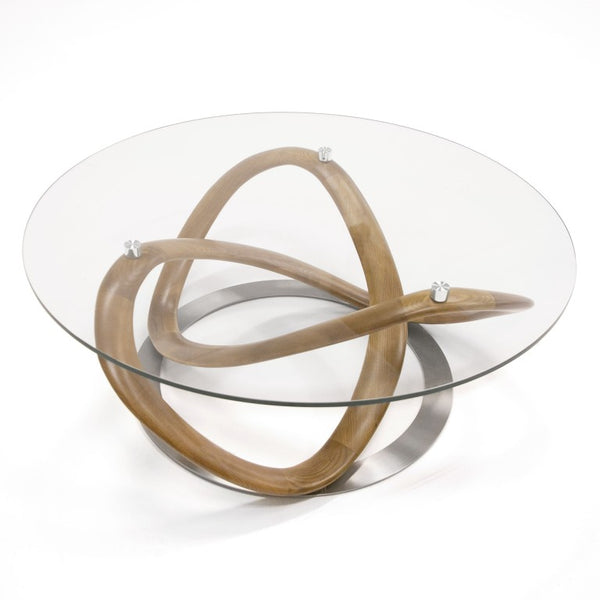 VIG Furniture Michele Round Glass Coffee Table With Walnut Solid Ash Sculptural Base — 39.4" Modern Centerpiece VGCSCT-20050-BRN-CT