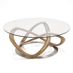 VIG Furniture Michele Round Glass Coffee Table With Walnut Solid Ash Sculptural Base — 39.4" Modern Centerpiece VGCSCT-20050-BRN-CT