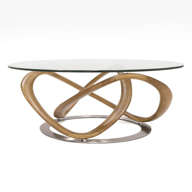 VIG Furniture Michele Round Glass Coffee Table With Walnut Solid Ash Sculptural Base — 39.4" Modern Centerpiece VGCSCT-20050-BRN-CT