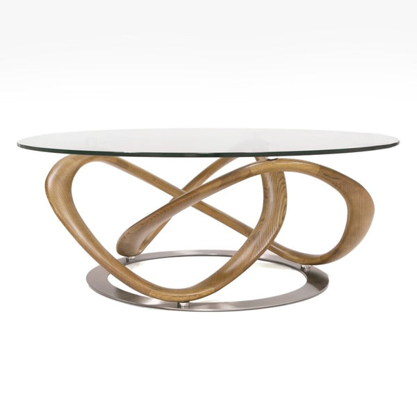 VIG Furniture Michele Round Glass Coffee Table With Walnut Solid Ash Sculptural Base — 39.4" Modern Centerpiece VGCSCT-20050-BRN-CT