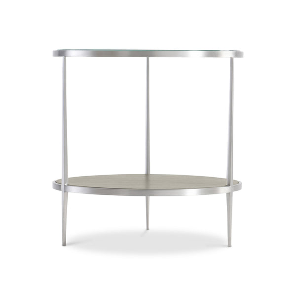 Bernhardt Bernhardt Cornelia Round Side Table With Brushed Stainless Frame, Tempered Glass Top & Wood Shelf - Nebbia Finish 331125