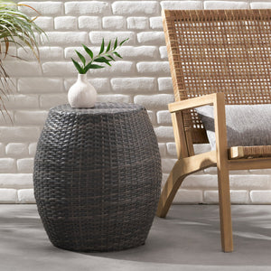 English Elm Outdoor Wicker Bombe Side Table Sculptural Iron Frame Weather Resistant Patio Accent Grey 60746.00GRY