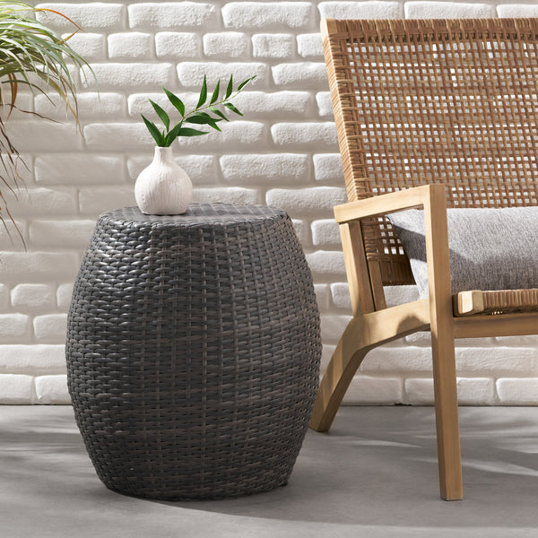 English Elm Outdoor Wicker Bombe Side Table Sculptural Iron Frame Weather Resistant Patio Accent Grey 60746.00GRY