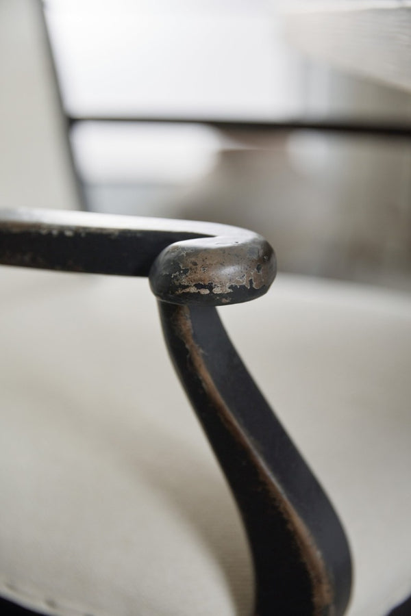 Hooker Furniture Ciao Belgian-Inspired Upholstered Arm Chair With Scalloped Seat, Nailhead Trim & Distressed Black Finish 5805-75300-99