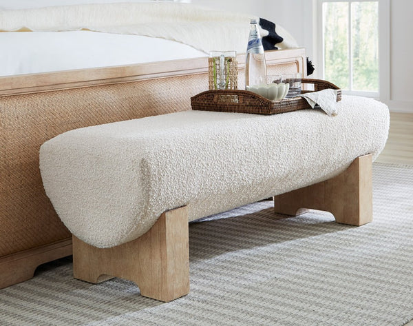 Hooker Furniture Retreat Semi-Circle Bed Bench In Neo Cream Performance Fabric With Dune Wood Finish And Block Legs 18.50 L x 56.75W x 20.00H 6950-90019-80