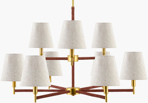 Surya Majen Chandelier - 32" Mid-century Modern Elegance With Soft Linen Shade For Ambient Illumination Fixture, Metallic ,Brass,Shade, Gray,Cord, Translucent Iron,Linen Mjn-001