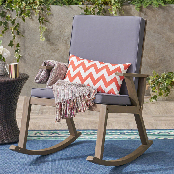 English Elm Champlain Outdoor Acacia Wood Rocking Chair with Cross-back Design and Cushions 62685.00GRY