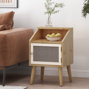 English Elm Christopher Knight Home® - END TABLE Natural & White Engineered Wood with Rattan Accents, Built-In Hutch & Tempered Glass Storage Side Table (24.25"H) 71101.00