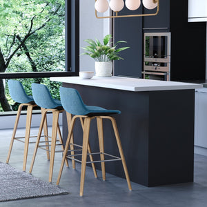 English Elm Randolph Mid-Century Modern Bentwood Counter/Bar Stool Set Of 2 With Upholstered Seats In Blue B136P159453-GIGA