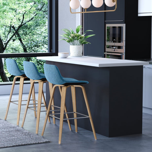 English Elm Randolph Mid-Century Modern Bentwood Counter/Bar Stool Set Of 2 With Upholstered Seats In Blue B136P159453-GIGA