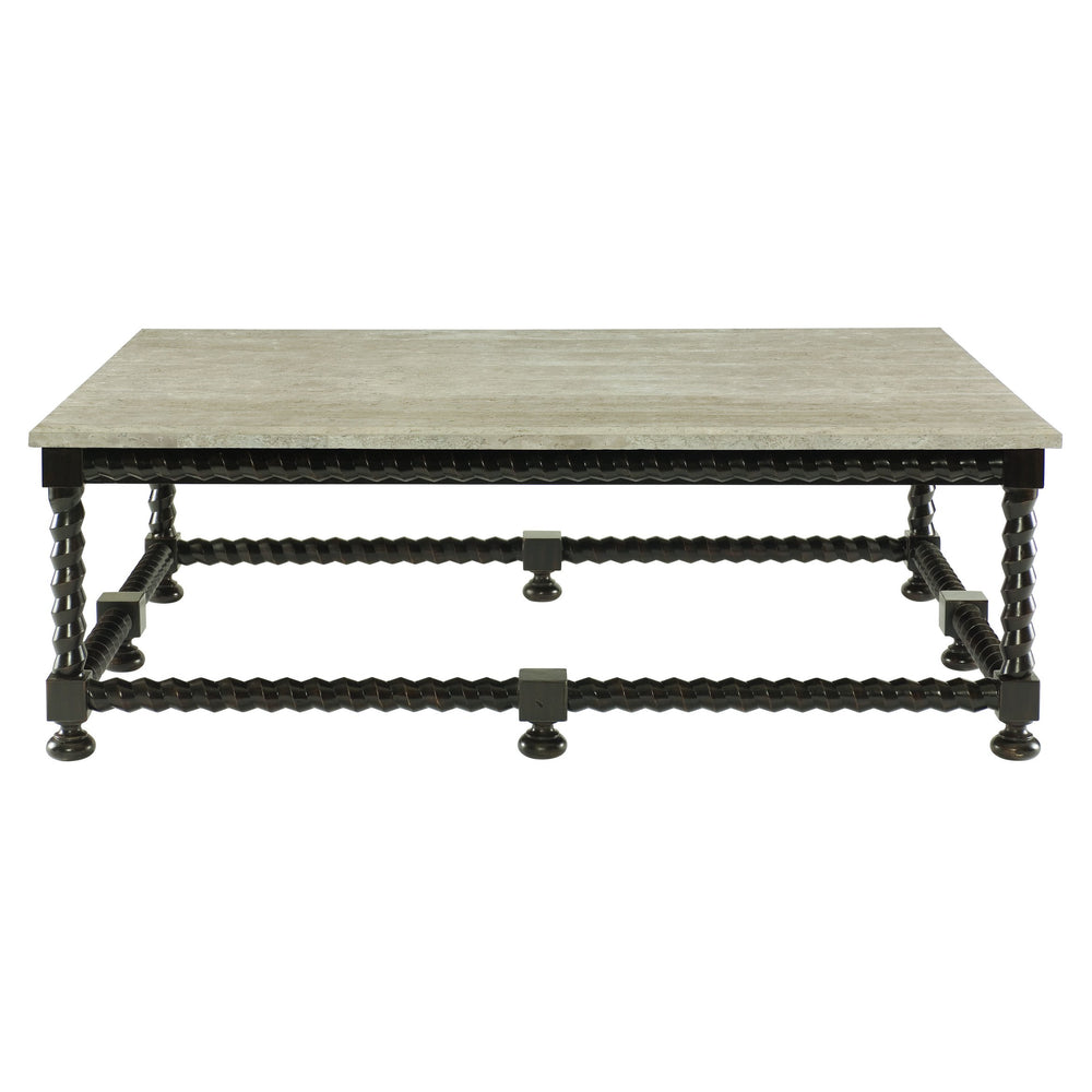 Bernhardt Bernhardt Cordova Spiral-Base Cocktail Table With Travertine Top, Ebonized Wood, Dramatic Baroque Flair K1164