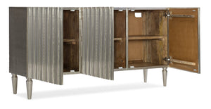 Hooker Furniture German Silver Entertainment Console — Solid Mango Wood, Hand-Finished Metallic Sheen, 65" Tv Storage, Ventilated Back Panel, Adjustable Shelves 5637-55468-SLV