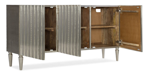 Hooker Furniture German Silver Entertainment Console — Solid Mango Wood, Hand-Finished Metallic Sheen, 65" Tv Storage, Ventilated Back Panel, Adjustable Shelves 5637-55468-SLV