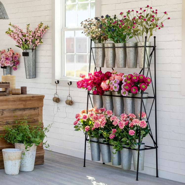 Flower Stem Rack - 3-Tier Galvanized Metal Bucket Display for Silk or
