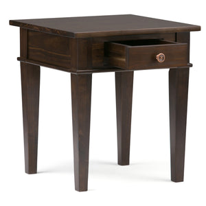 English Elm Carlton End Table – Handcrafted Dark Tobacco Brown With Drawer, Tapered Legs & Versatile Design B136P158133