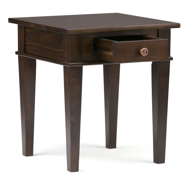 English Elm Carlton End Table – Handcrafted Dark Tobacco Brown With Drawer, Tapered Legs & Versatile Design B136P158133