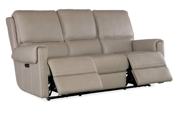 Hooker Furniture Somers Power Reclining Sofa With Zero-Gravity Seats, Nubuck Top-Grain Leather, Usb Charging, Bustle-Back Comfort Light Gray SS718-PHZ3-090