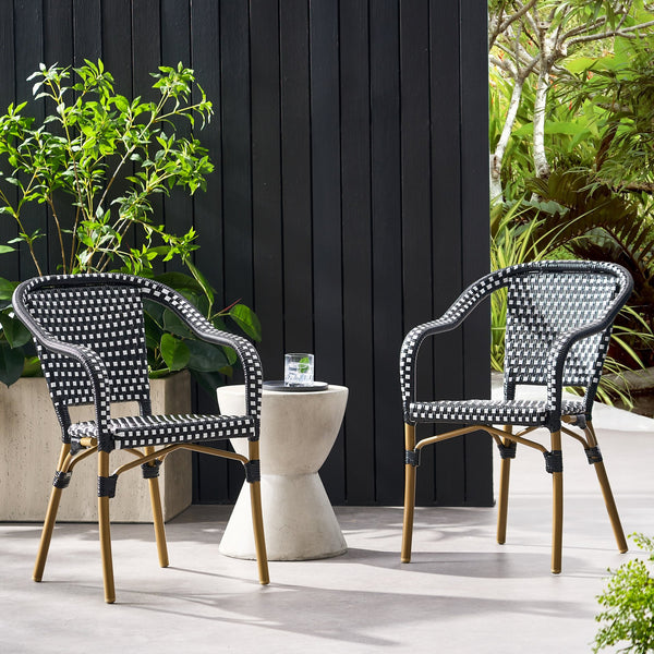 English Elm Bistro Chair Set of 2 French Country Woven Aluminum Outdoor Patio Seating Pair Black White 72906.00BLK