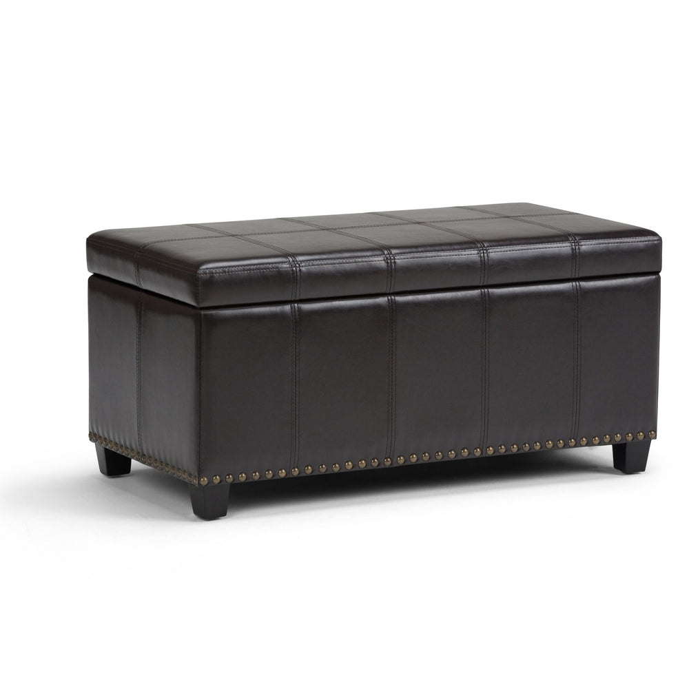 English Elm Amelia Storage Ottoman Bench with Hidden Compartment, Nailhead Trim, Stitched Faux Leather Seat Dark Brown B136P159106