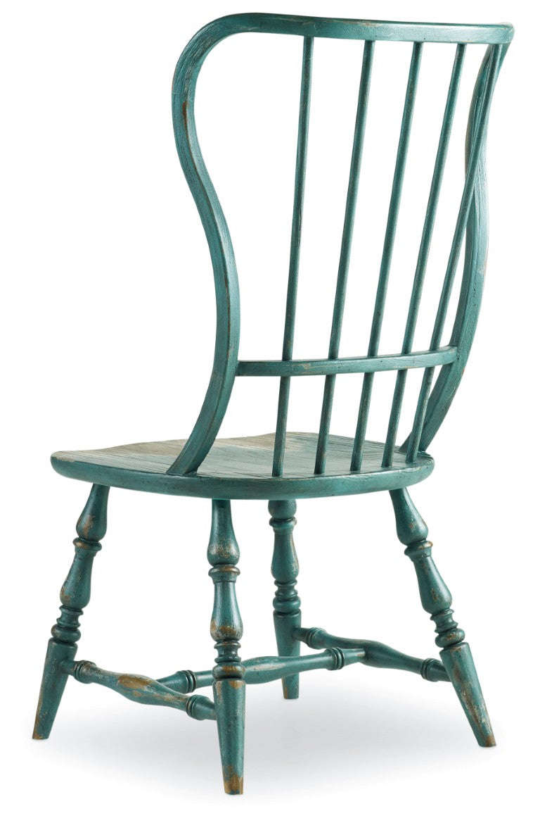 Hooker Furniture Sanctuary Spindle Side Chair In Sky High Azure Blue — European Farmhouse Charm, Solid Wood Seat, Distressed Vintage Patina 5405-75310