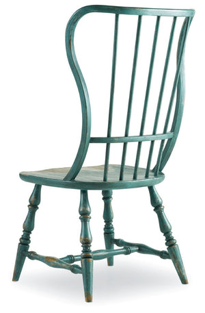 Hooker Furniture Sanctuary Spindle Side Chair In Sky High Azure Blue — European Farmhouse Charm, Solid Wood Seat, Distressed Vintage Patina 5405-75310