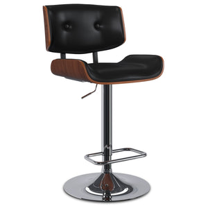 English Elm Holland Mid-Century Adjustable Swivel Bar Stool in Black Vegan Leather with Walnut Veneer & Chrome Base B136P158706