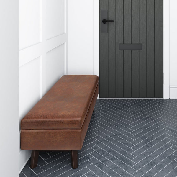 English Elm Owen Rectangular Storage Ottoman - Versatile Mid-Century Design In Distressed Saddle Brown Faux Leather B136P159183-GIGA