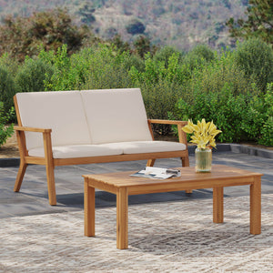 English Elm Christopher Knight Home® - Acacia Outdoor Loveseat and Coffee Table Set with Cushions, Mid-Century Acacia Wood Patio Seating Beige+Brown 68024.00CRM