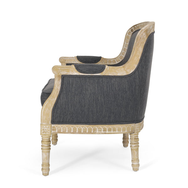 English Elm Christopher Knight Home® - CLUB Chair with French Country Carved Accents, Upholstered Comfort, Weathered Rubberwood Frame -Elegant Charcoal 71064.00CHAR