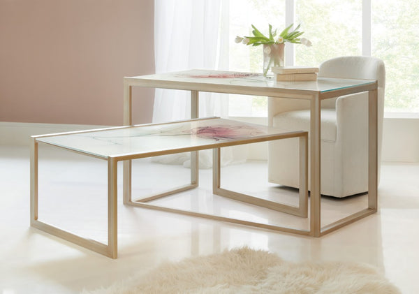 Hooker Furniture Blossoming Hope Glass Writing Desk — Ultra White Reverse-Painted Floral Top, Gold Metal Frame, Elegant Transitional Style 5000-10003-647