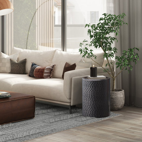 English Elm Corbin Handcrafted Hammered Metal Side Table — 16" Drum Accent Table with Durable Powder Coat Finish Black B136P158997