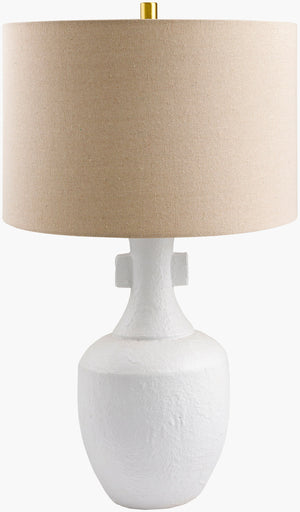 Surya Mauna Elegant Ceramic Accent Table Lamp With Linen Shade - Modern Lighting For Stylish Homes Body, White,Shade, Wheat,Finial, Metallic ,Brass,Harp, Metallic ,Brass,Cord, Translucent Ceramic,Linen,Polyester,Iron Mna-001
