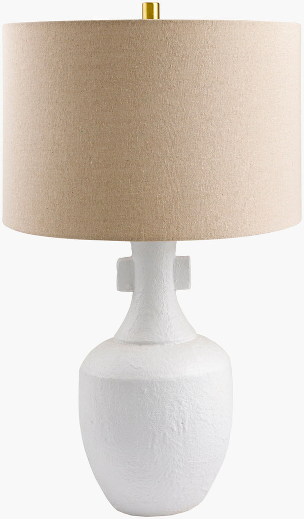 Surya Mauna Elegant Ceramic Accent Table Lamp With Linen Shade - Modern Lighting For Stylish Homes Body, White,Shade, Wheat,Finial, Metallic ,Brass,Harp, Metallic ,Brass,Cord, Translucent Ceramic,Linen,Polyester,Iron Mna-001