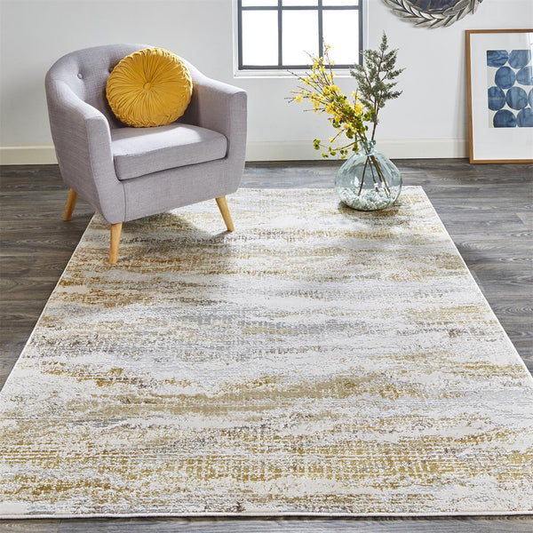 Feizy Rugs Aura Luxe Abstract Gradient Rug - Durable Polyester Blend For A Stunning Modern Home Décor Gold,Gray,Ivory Polyester,Polypropylene Aur3735fgldgryj10