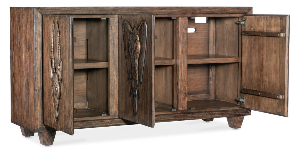 Hooker Furniture Commerce Safari Credenza With Distressed Pine & Carved Animal Motifs, Tv Console Storage W/ Cable Management (69") 7228-85099-85
