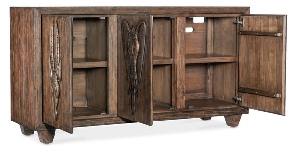 Hooker Furniture Commerce Safari Credenza With Distressed Pine & Carved Animal Motifs, Tv Console Storage W/ Cable Management (69") 7228-85099-85