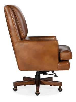 Hooker Furniture Wright Executive Swivel Tilt Chair With Semi-Aniline Top-Grain Leather, High-Back Support, Wood Base Light Brown EC387-C7-085