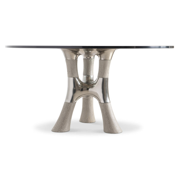 Bernhardt Dalton 60" Modern Faux Bois Dining Table With Glass Top And Stylish Hammered Metal Base Design Greige, Bronze Metal, Glass K2010