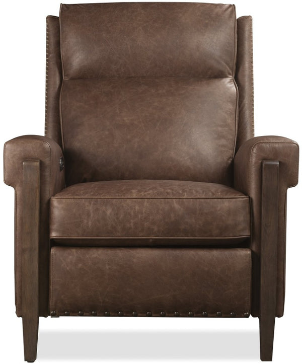 Hooker Furniture Whitton Aniline Leather Power Recliner With Usb, Nailhead Trim & Wood Arms For Classic Comfort RC854-PH-088