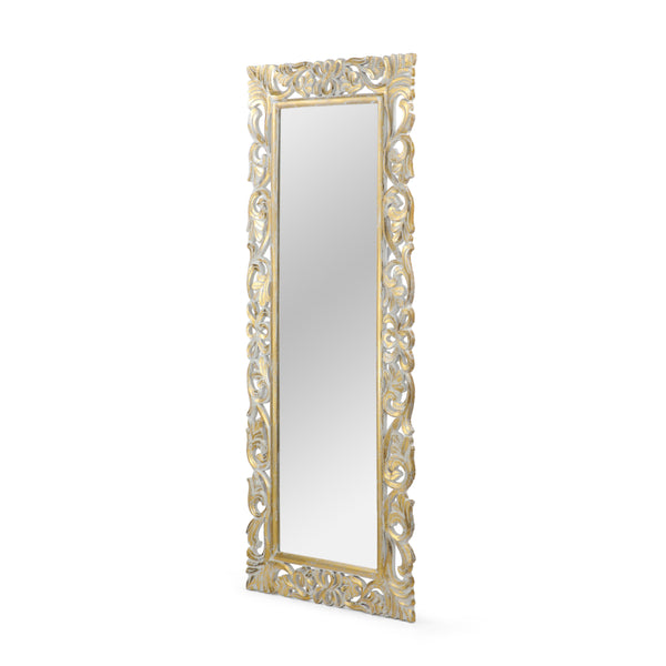 English Elm Christopher Knight Home® - RECTANGLE Hand-Carved Floral Standing Mirror, Distressed White & Gold Frame, Tempered Glass, 72" Tall 67058.00