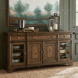 Revival Row 3-Drawer Buffet with Cabinet Doors Brown with Village Lane Finish P348302 Pulaski Furniture