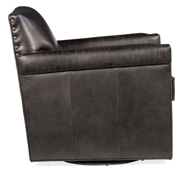 Hooker Furniture Potter Swivel Club Chair With Hand-Wiped Aniline Leather, Nailhead Trim, Vintage Menswear Charm Dark Brown CC719-SW-089